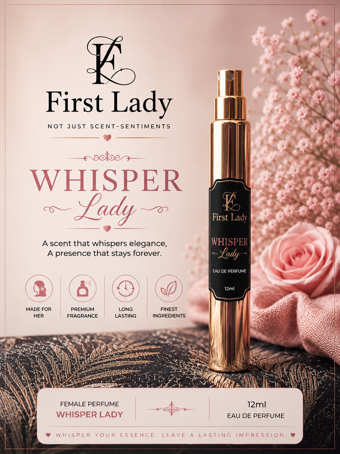 First Lady Whisper Lady Eau De Parfum 12ml – Long Lasting Floral Women's Perfume